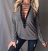 Women Lace up Tops Bandage Long Sleeve V Neck Shirt